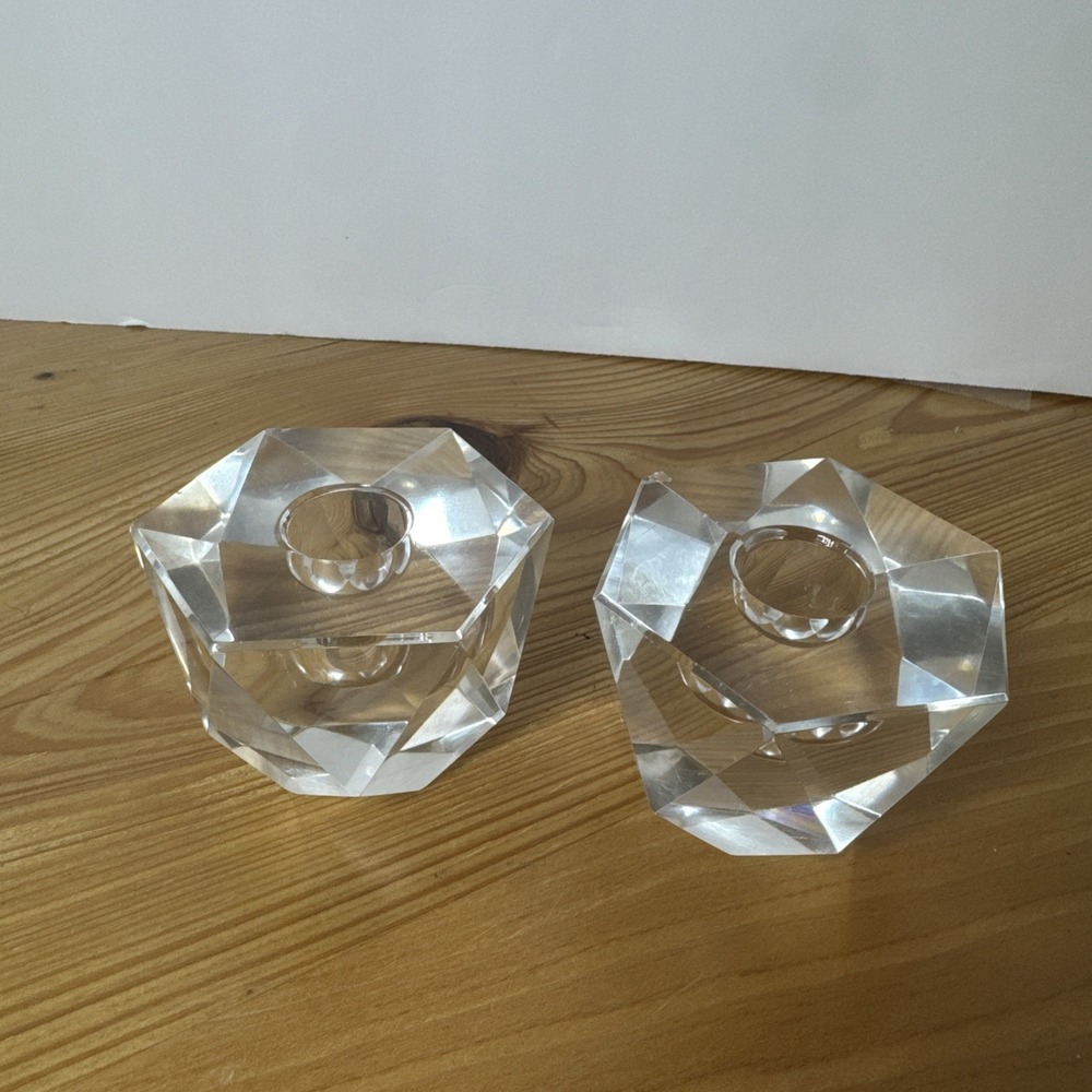 BLOCK Lead Crystal Block Taper Candle Holders Beveled Edge Pair Clear